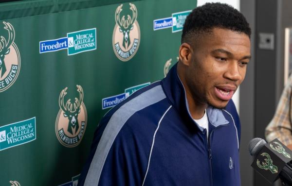 Milwaukee Bucks forward Giannis Antetokounmpo talks a<em></em>bout his co<em></em>ntract extension, Tuesday, Oct. 24, 2023