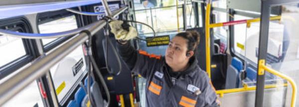 Gaby Soltero of C-Tran cleans a Fourth Plain Vine bus Wednesday at the VanMall Transit Center. A study co<em></em>nducted by the University of Washington released earlier this mo<em></em>nth found small amounts of methamphetamine, fentanyl and cocaine were traceable on buses and trains operated by large transit agencies in Washington and Oregon.