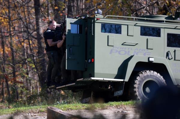 MONMOUTH, MAINE - OCTOBER 27: Law enforcement officials co<em></em>nduct a manhunt for suspect Robert Card following a mass shooting on October 27, 2023 in Monmouth, Maine. Police are actively searching for a suspect, Army reservist Robert Card, who allegedly killed 18 people in a mass shooting at a bowling alley and restaurant in Lewiston, Maine. (Photo by Joe Raedle/Getty Images)
