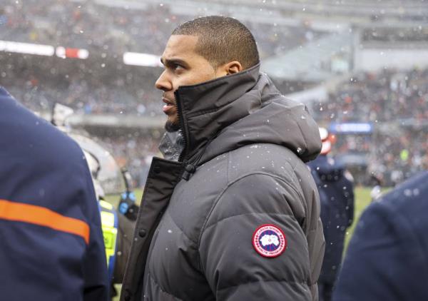 Bears general manager Ryan Poles watches the end of the game against the Falcons on Dec. 31, 2023, at Soldier Field.