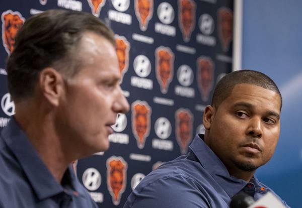 Coach Matt Eberflus and general manager Ryan Poles speak on July 25, 2023, as the Bears report to training camp at Halas Hall.