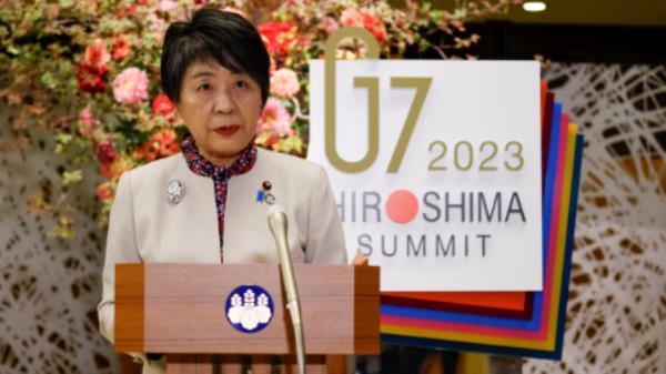 Japanese minister of foreign affairs Yoko Kamikawa, talks to members of the media after a working dinner session of the G7 Foreign Ministers in Tokyo, Japan, November 7, 2023. REUTERS/Andro<em></em>niki Christodoulou/Pool

