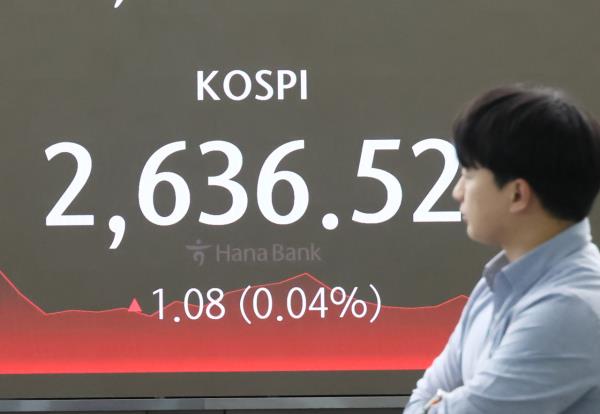 An electro<em></em>nic board showing the Korea Composite Stock Price Index at a dealing room of the Hana Bank headquarters in Seoul on Friday. (Yonhap)