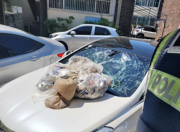 A car's windshield destroyed by a North Korean balloon carrying trash on Sunday (Gyeo<em></em>nggi Nambu Provincial Police)