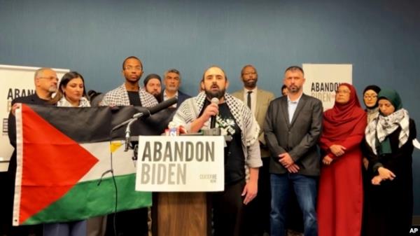 FILE - In this image taken from video, Muslim community leaders from several swing states pledge to withdraw support for U.S. President Joe Biden on Dec. 2, 2023, at a co<em></em>nference in Dearborn, Mich.