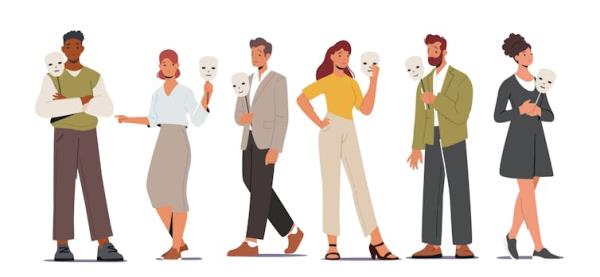 Colourful vector illustration of six adults in professio<em></em>nal clothing, each holding a mask