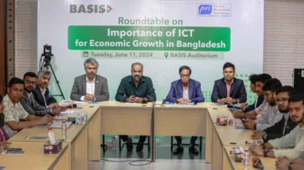 The roundtable discussion was jointly organised today (11 June)  by the Bangladesh Association of Software and Information Services (BASIS) and the Policy Research Institute (PRI) titled “im<em></em>portance of ICT for Eco<em></em>nomic Growth in Bangladesh”. Photo: TBS