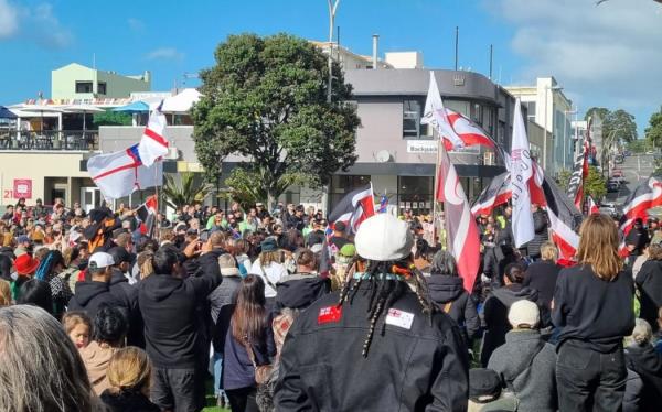 Hundreds attended the Budget Day protest in New Plymouth's Puke Ariki Landing.