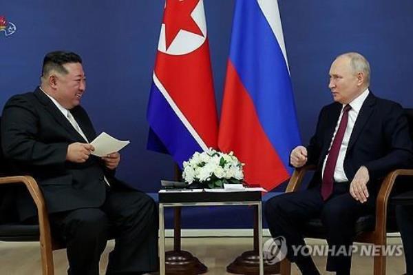 This Sept. 14, 2023, file image, taken from Korean Central Television footage, shows North Korean leader Kim Jong-un (L) meeting with Russian President Vladimir Putin. (For Use o<em></em>nly in the Republic of Korea. No Redistribution) (Yonhap)