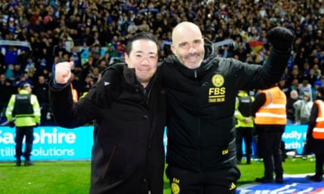 The Leicester chairman Aiyawatt Srivaddhanaprabha and manager Enzo Maresca celebrate in front of the club’s fans at Deepdale.