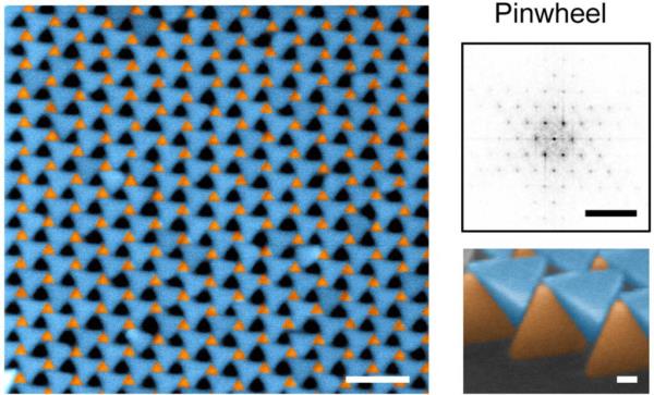 Colorized electron microscope images (blue and orange) alo<em></em>ngside the X-ray diffraction pattern reveals the pinwheel structure. The ability to make these twisted structures at the nanoscale could have applications in sensing, machine vision and more. Image credit: S. Zhou et al, Nature, DOI: 10.1038/s41586-022-05384-8