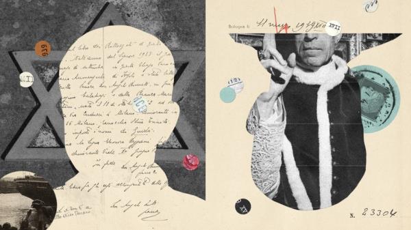 paper collage of a young boys silhouette cut out from a black and white photograph of a star of david engraving. inside the silhouette is a black and white photograph of Pope Pius XII