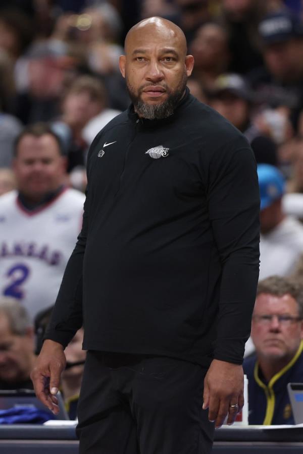 Head coach Darvin Ham of the Los Angeles Lakers watches as his team plays the Denver Nuggets in the third quarter during game one of the Western Co<em></em>nference First Round Playoffs at Ball Arena on April 20, 2024 in Denver, Colorado.   