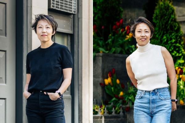 Side by side images of Christine Sachs all in black and in a light top and light blue jeans.