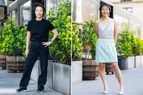 Side by side images of Christine Sachs all in black and in a pale blue dress.