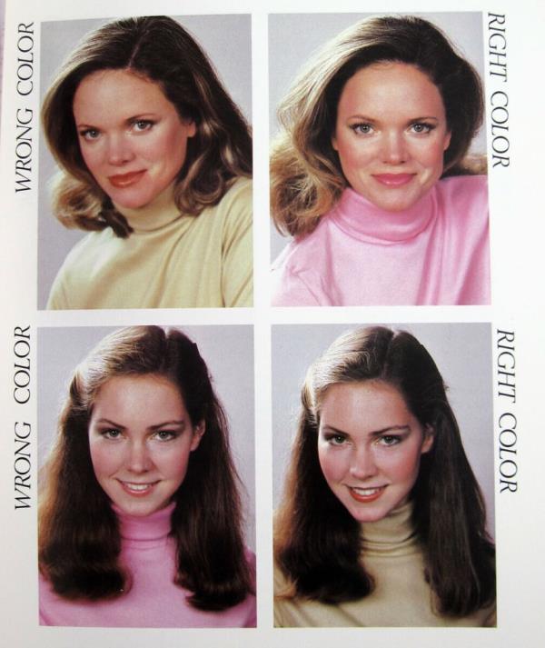 Color Me Beautiful materials showing the wrong color and right color for two different women.