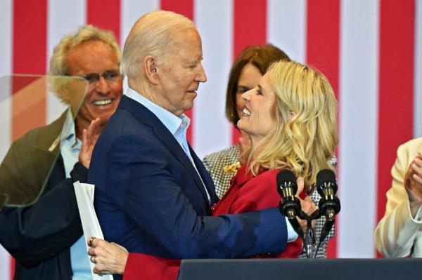 U.S. President Joe Biden speaking with Kerry Kennedy at a campaign event at the Martin Luther King Recreation Center in Philadelphia, Pennsylvania on April 18, 2024