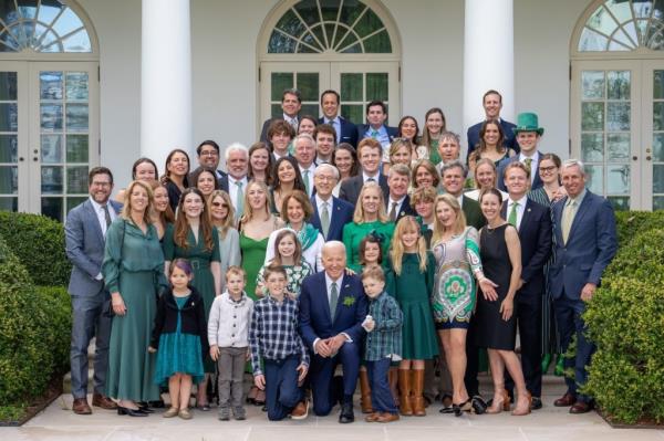 Group photo of Kennedy family members with President Joe Biden during White House's St. Patrick's Day celebration