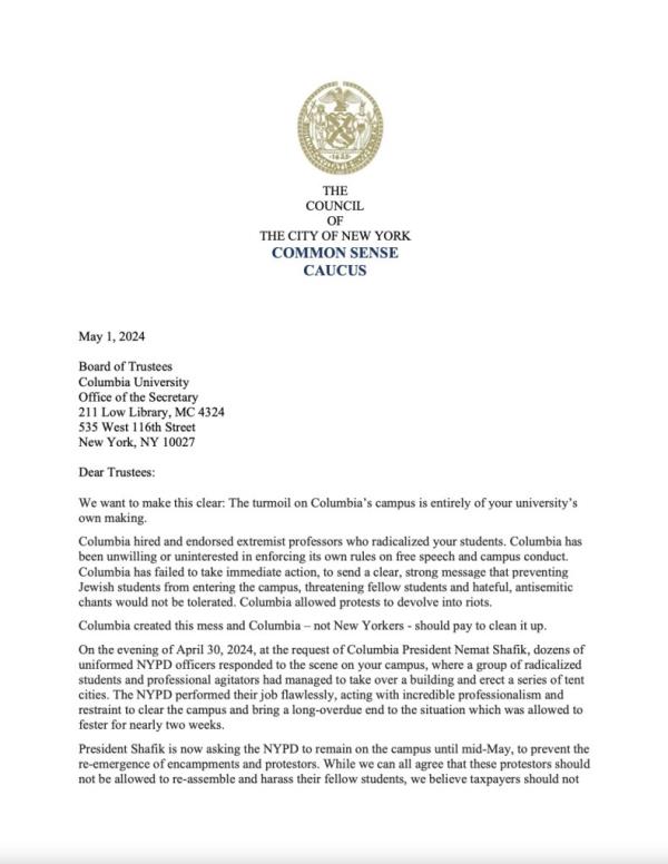 NYC Council members call on Columbia to pick up tab for NYPD protest response