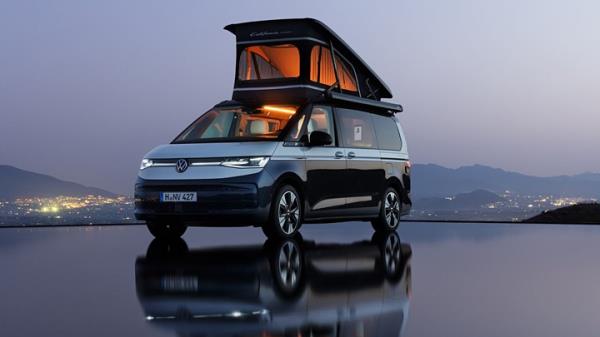 VW California Co<em></em>ncept - front view with roof up and interior lights on