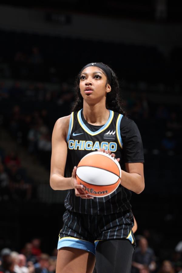 Angel Reese #5 of the Chicago Sky prepares to shoot a free throw during the game.
