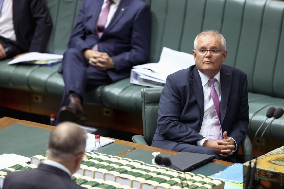Then-prime minister Scott Morrison listens as then-opposition leader Anthony Albanese slams him in the House on March 15, 2021, for his respo<em></em>nse to the March 4 Justice rally. 