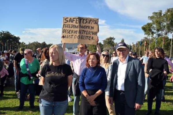 Minister for Finance Katy Gallagher, Minister for Social Services Amanda Rishworth and prime minister Anthony Albanese at a rally to a call for action to end violence against women, in front of Parliament House in Canberra, Sunday, 28 April 2024