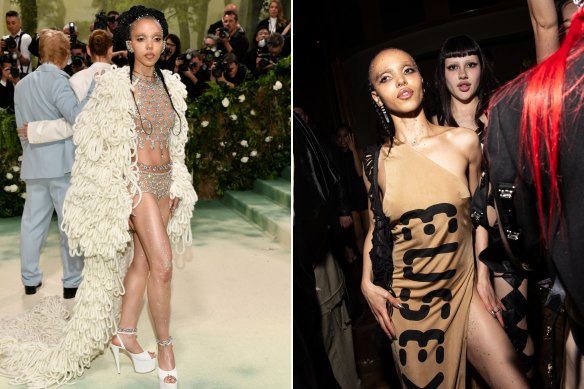 FKA Twigs swapped out her oversized knit cloak for a sme<em></em>tay sheath dress.