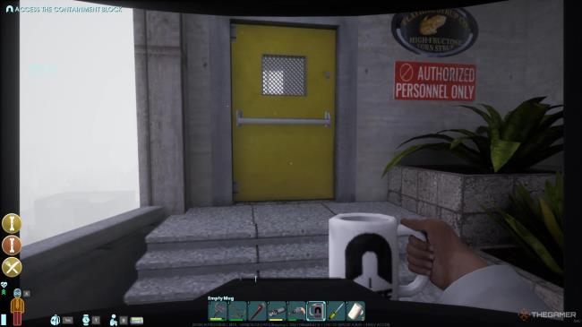 A screenshot from Abiotic Factor showing the player character holding a mug of coffee as they walk toward a yellow door with an 'Authorized Perso<em></em>nnel Only' sign next to it.