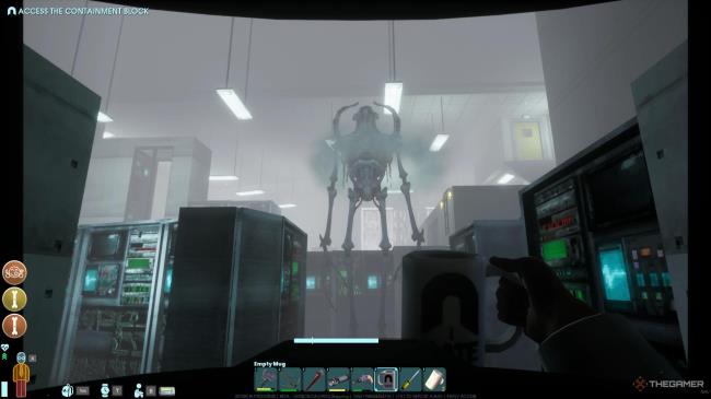 A screenshot from Abiotic Factor showing the player character holding a mug of coffee inside the server room in Flathill. A giant mo<em></em>nster can be seen looking at the player as they look at it, with a ring of mist surrounding the enemy's chest. The giant is taller than all the servers and reaches the flourescent lights hanging down. 