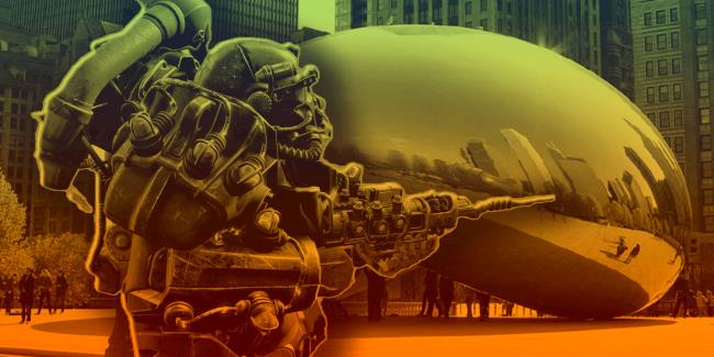 A Fallout character in power armor by the Bean in Chicago