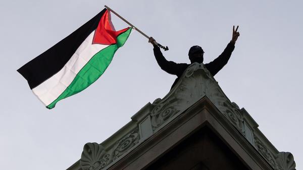 A pro-Palestinian demo<em></em>nstrator holds a flag on the rooftop of Hamilton Hall at Columbia University