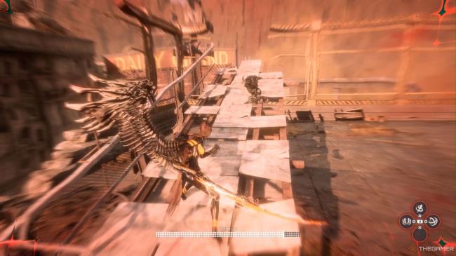 EVE transforms into Tachy Mode to perform a jump from one rooftop to another in the Great Desert's Buried Ruins in Stellar Blade.