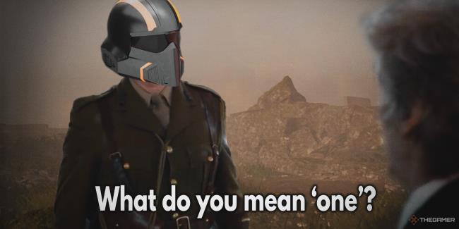 Photoshopped image of character from Doctor Who scene with Hell Divers 2 helmet superimposed over actor in scene wher<em></em>e The Dr was discussing a galactic war