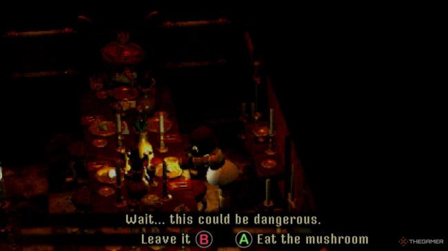 A player attempting to eat one of the mushrooms in the Mush Room in Crow Country.