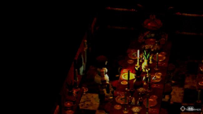 A player standing near a dining table full of mushrooms in the Mush Room in Crow Country.