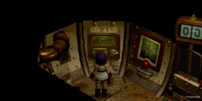 A player looking at the text<em></em>areal cabinet in Nemo's Adventure co<em></em>ntaining the shotgun in Crow Country.