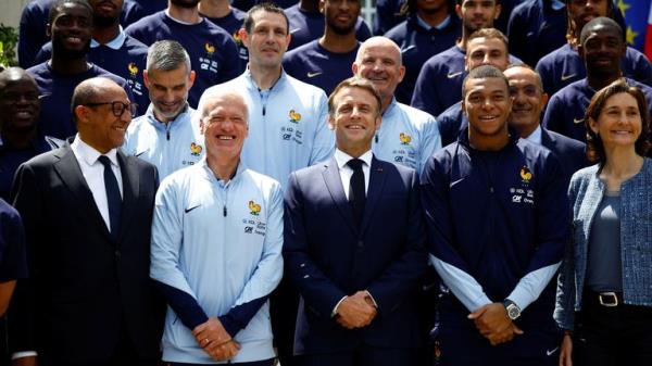 Mbappe with Emmanuel Macron (middle) earlier on Monday. Pic: Reuters