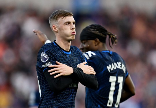 Cole Palmer celebrates scoring his team's first goal during the Premier League match between Brighton & Hove Albion and Chelsea
