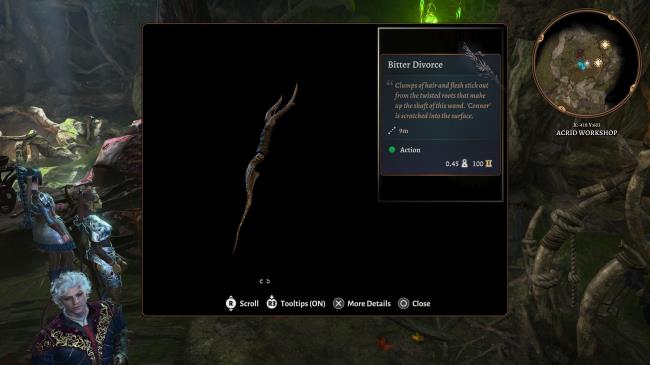 The in-game details page for the wand Bitter Divorce.