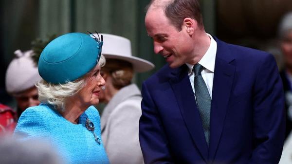 Queen Camilla and William, Prince of Wales speak to each other as they attend an annual Commo<em></em>nwealth Day service ceremony at Westminster Abbey