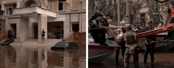 Diptych: people wait for food with plastic bowls; a man sleeps in a mess of furniture and other things.