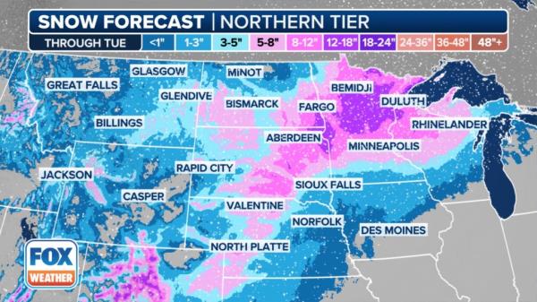 Graphic depicting forecasted snow totals for a major spring snowstorm in the Plains and Upper Midwest, indicating Blizzard Warnings and potential travel hazards
