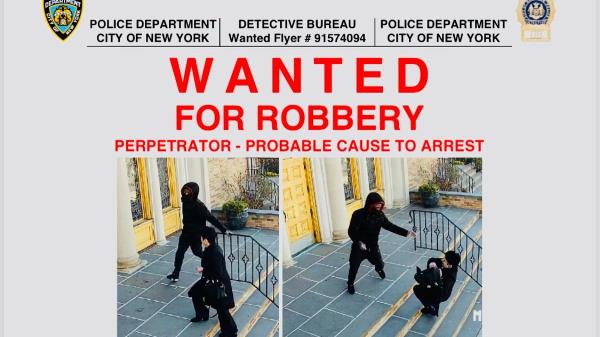 NYPD's wanted poster for a man who shoved a 68-year-old woman down a flight of church steps and stole from her. 