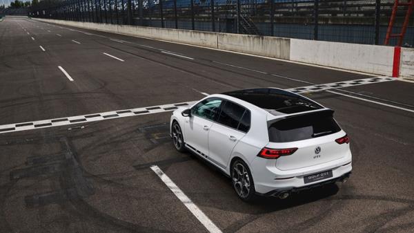 Volkswagen Golf GTI Clubsport facelift: rear three quarter static, high angle, on a racetrack, white paint