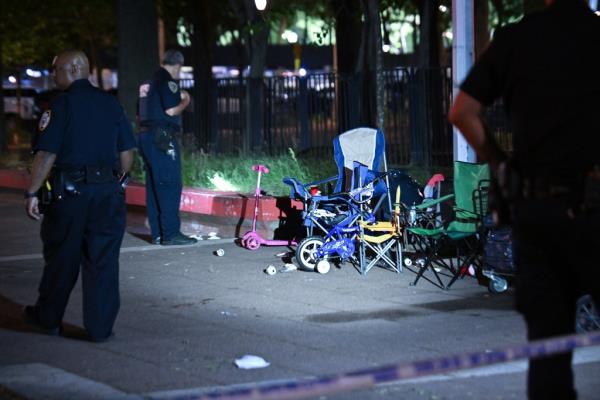 Chairs and scooters are lined up inside the park wher<em></em>e two people were shot on June 15, 2024 in Brooklyn.