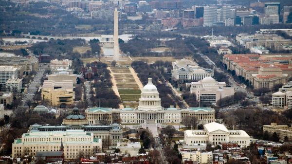 The skyline of Washington, D.C., including the U.S. Capitol building, Washington Monument, Lincoln Memorial. and Natio<em></em>nal Mall, is seen from the air, Jan. 29, 2010.