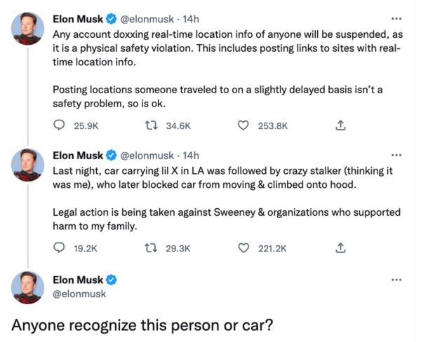 Musk alleged that someone was tailing the car carrying his young son in Los Angeles -- and implied that Sweeney's @Elo<em></em>njet account may have played a role.