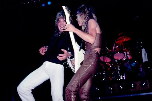 View of British Heavy me<em></em>tal singer Ozzy Osbourne (left) and American musician Randy Rhoads (1956 - 1982), on guitar, as they perform, during the 'Blizzard of Ozz Tour,' at Nassau Coliseum, Unio<em></em>ndale, New York, August 14, 1981.