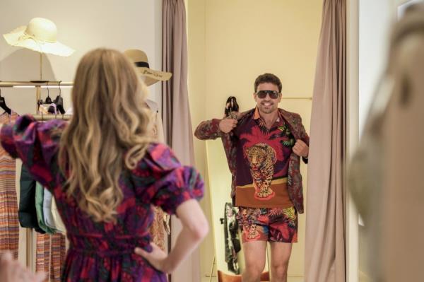 The scene in question features James changing into a bathing suit while Harper (played by Aubry Plaza) watches in the bathroom.
